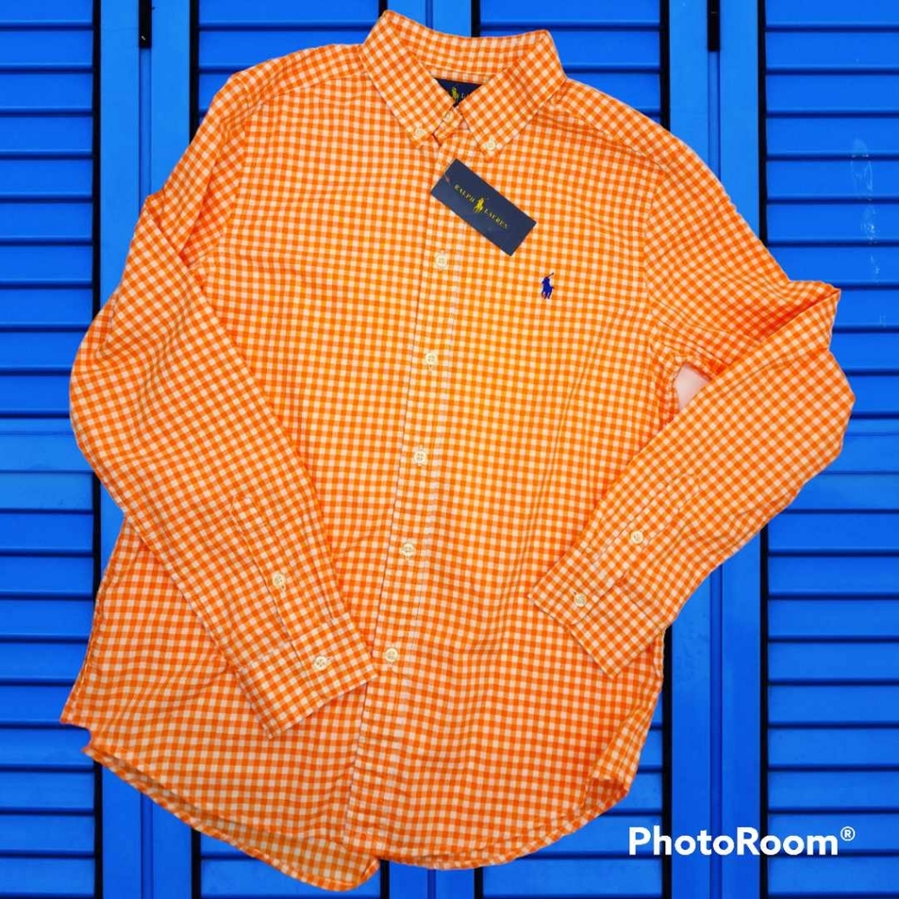Ralph Lauren orange gingham dress shirt L 14-16 boys NWT button down fall autumn